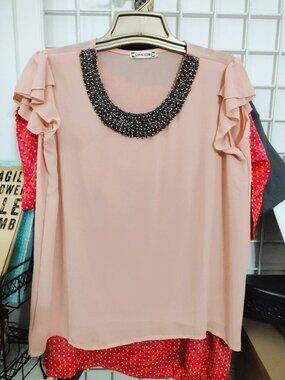 Liva Girl XL Beautiful Sheer Pink with Beaded Grey Pearl Collar Accents